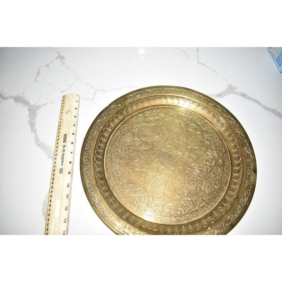 Vintage 1970Brass Tray MCM India etch design has wall mount 16" Diameter patina - Picture 6 of 12